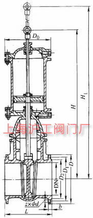 Z641T-10 型氣動楔式閘閥主要外形及結構尺寸示意圖