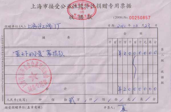 上海滬工閥門廠向藍天下的至愛基金會共捐款5萬元