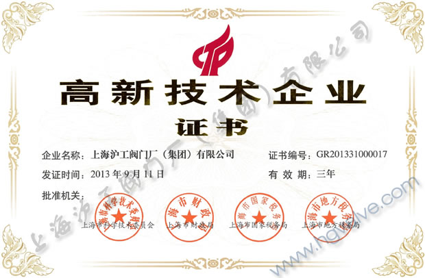 上海滬工閥門廠(集團)有限公司高新技術(shù)企業(yè)證書